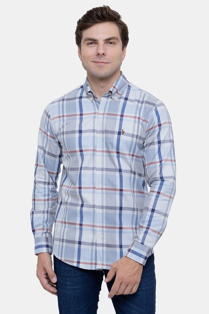 Camisa Ralph Lauren Custom Fit Colored Icon Xadrez Oxford Azul Claro