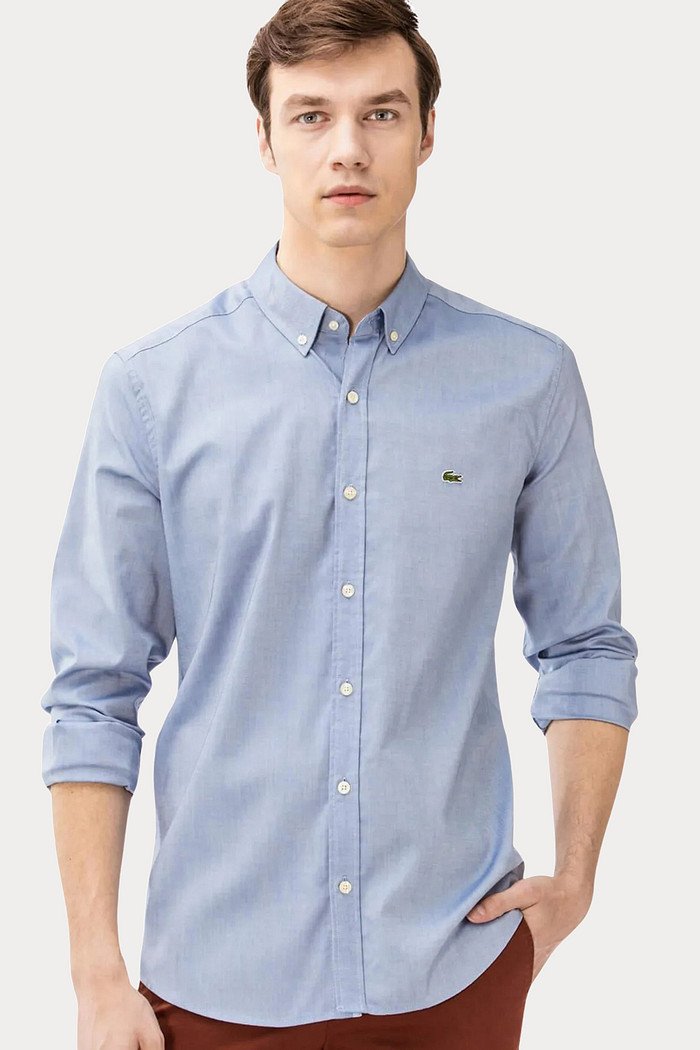 Camisa Lacoste Regular Fit Logo Classic Oxford Azul Aço
