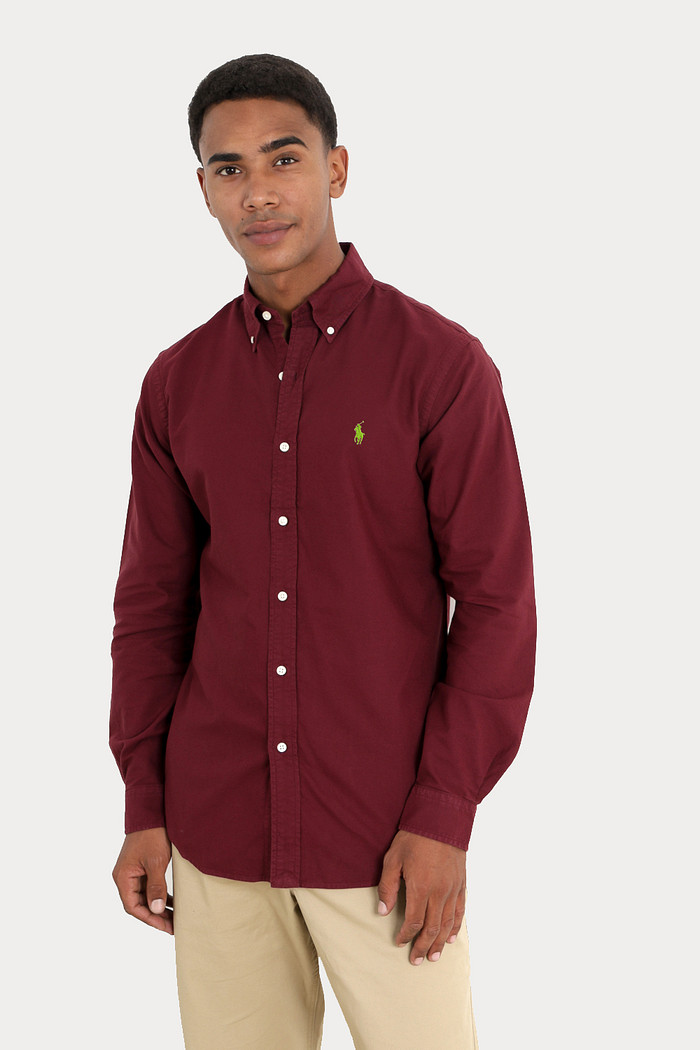 Camisa Ralph Lauren Custom Fit Green Icon Tricoline Vinho