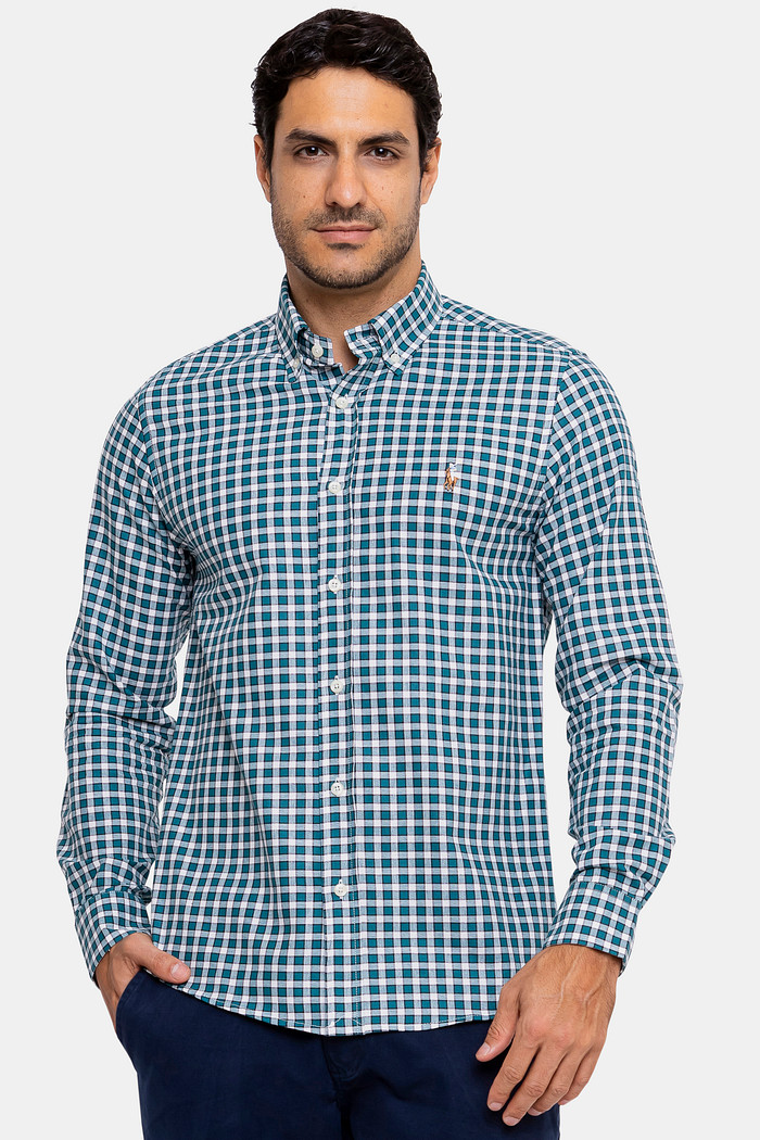 Camisa Ralph Lauren Custom Fit Icon Colored Tricoline Xadrez Branca e Verde
