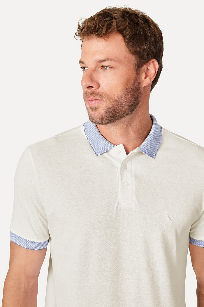 Camisa Polo Reserva Piquet Gola Denim Branco Gelo