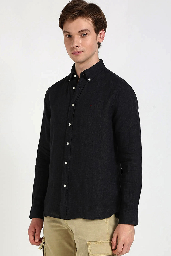 Camisa Tommy Hilfiger Regular Fit Masculina Linho Blend Preta