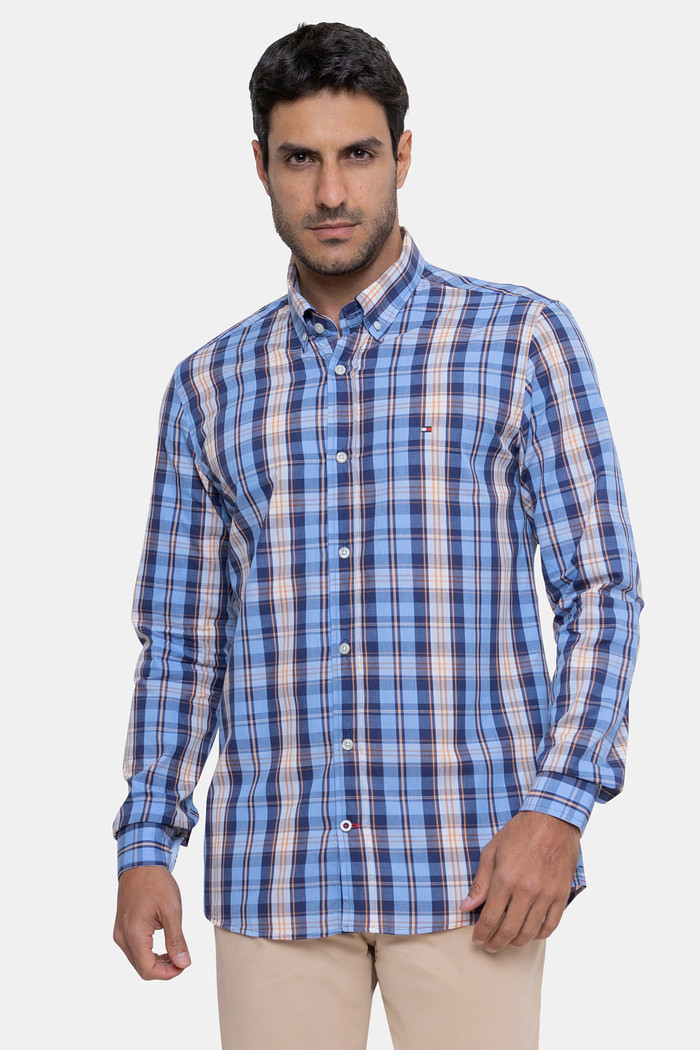 Camisa Tommy Hilfiger Regular Fit Xadrez Tartan Azul Claro