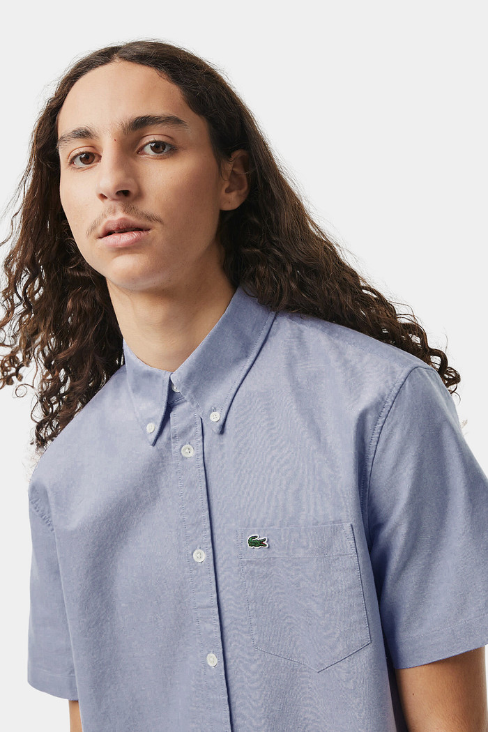 Camisa Lacoste Manga Curta Regular Pocket Oxford Azul Aço