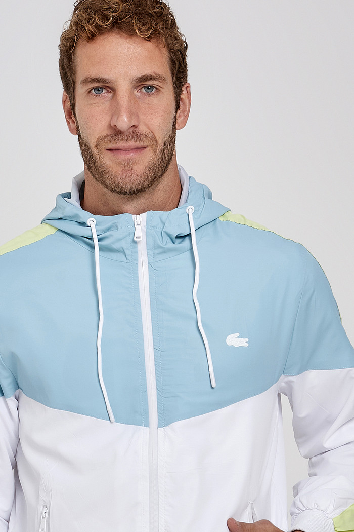 Jaqueta Lacoste Masculina Corta Vento Hood Recorte Azul Claro