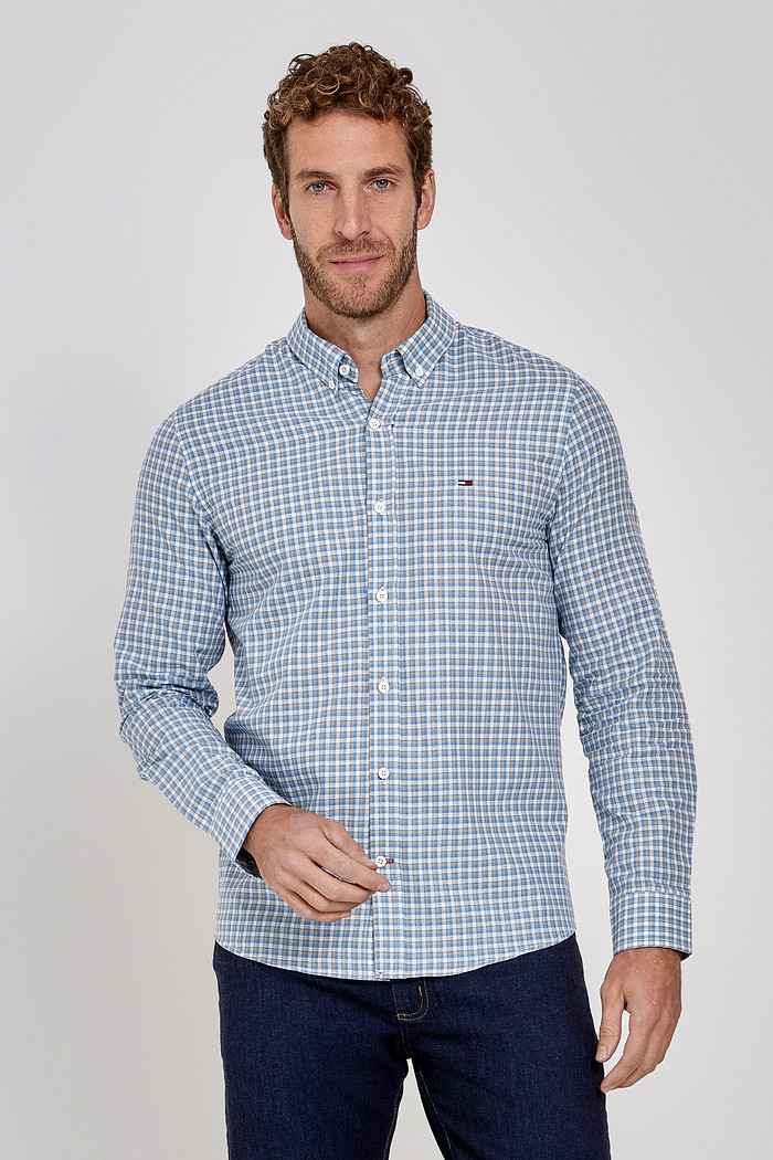Camisa Tommy Jeans Masculina Regular Essential Xadrez Grid Oxford Azul/Bege Frente