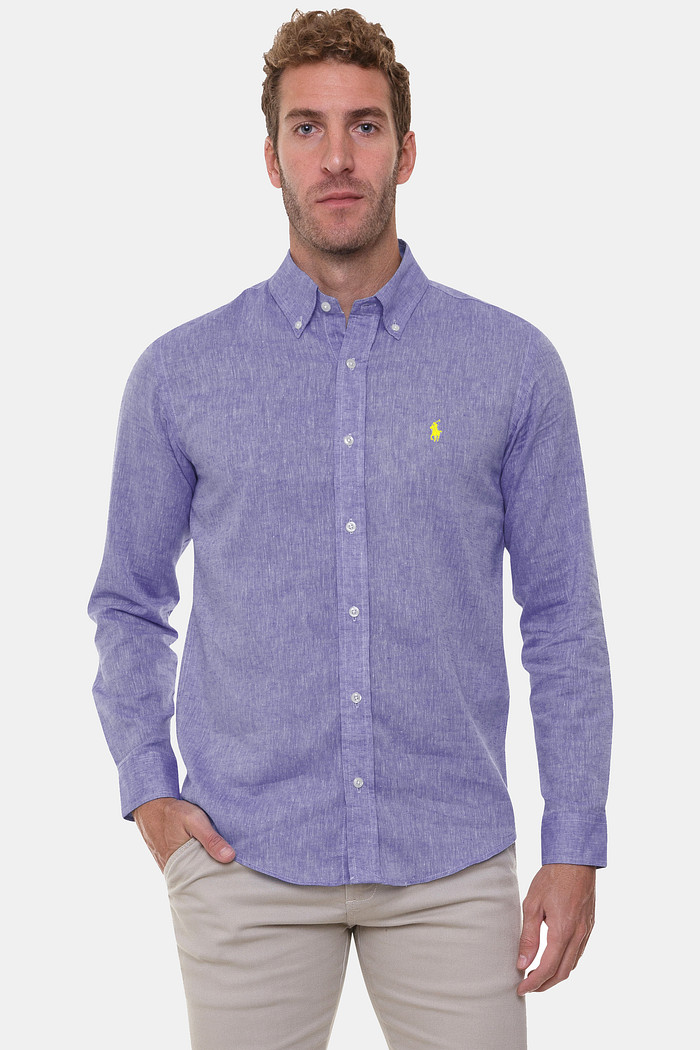 Camisa Ralph Lauren Custom Fit Masculina Yellow Icon Linho Mescla Azul