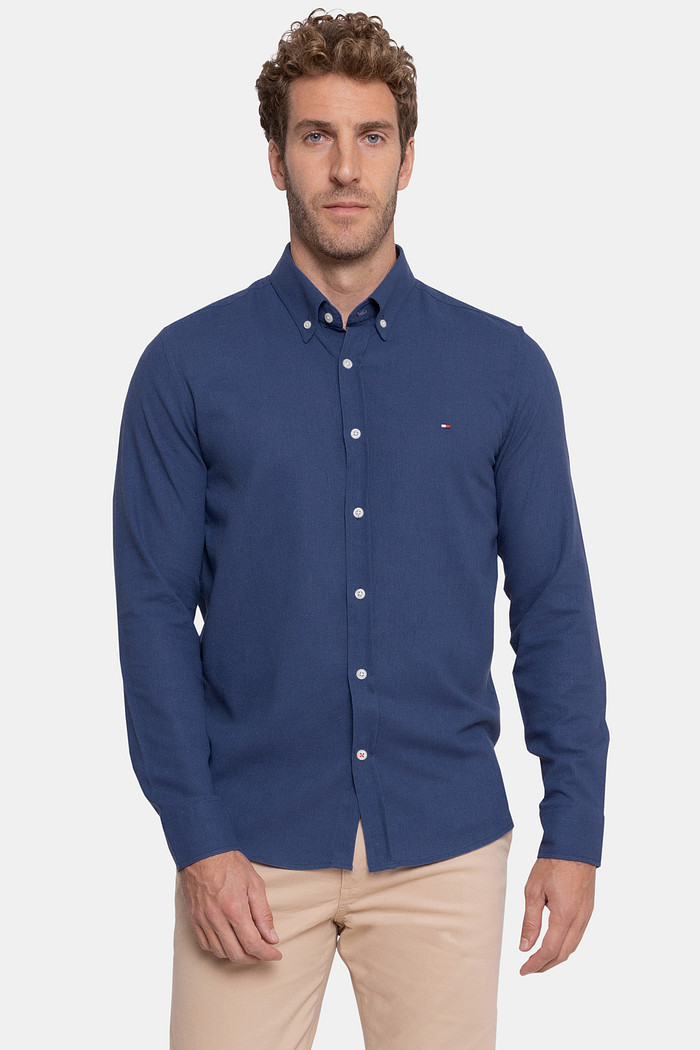 Camisa Tommy Hilfiger Regular Fit Masculina Linho Blend Azul Marinho