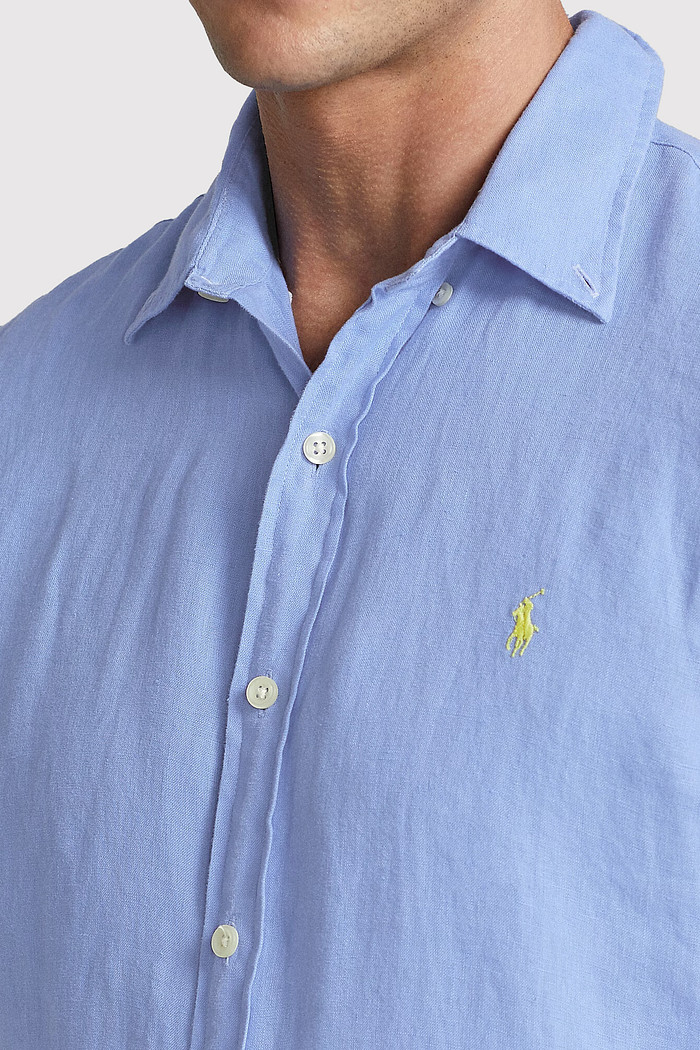 Camisa Ralph Lauren Masculina Custom Fit Yellow Icon Linho Azul Claro