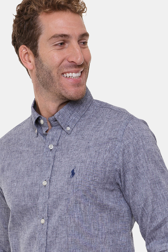 Camisa Ralph Lauren Custom Fit Navy Icon Linho Mescla Cinza