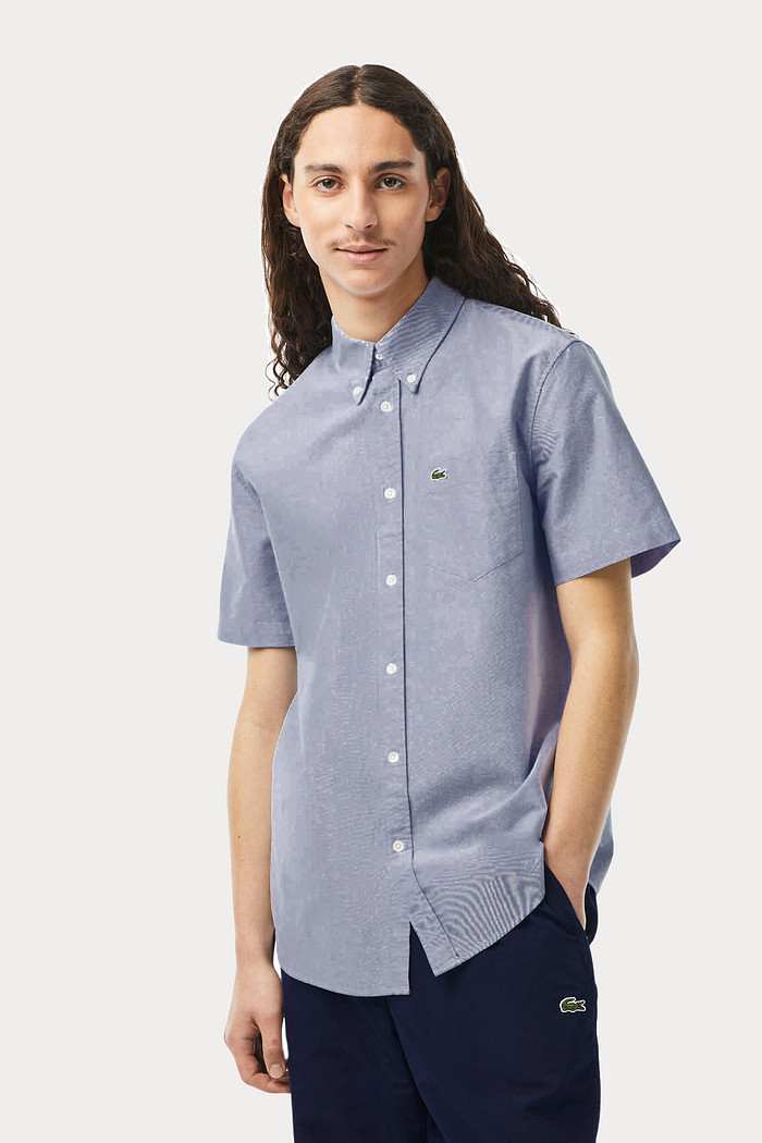 Camisa Lacoste Manga Curta Regular Pocket Oxford Azul Aço