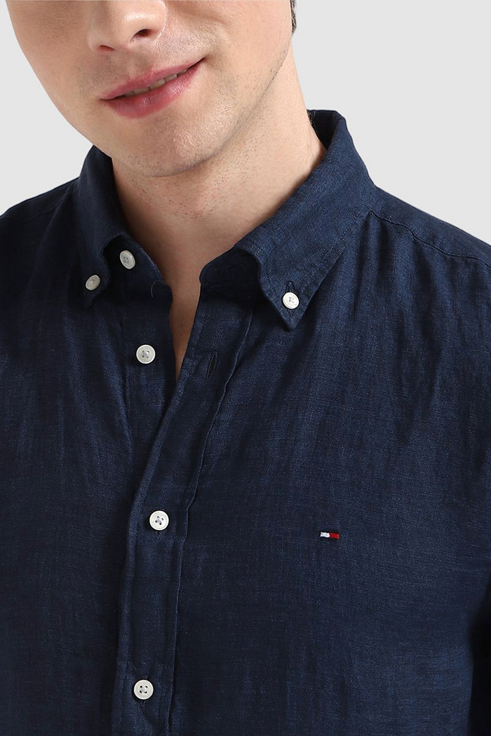 Camisa Tommy Hilfiger Manga Curta Masculina Regular Linho Blend Azul Marinho