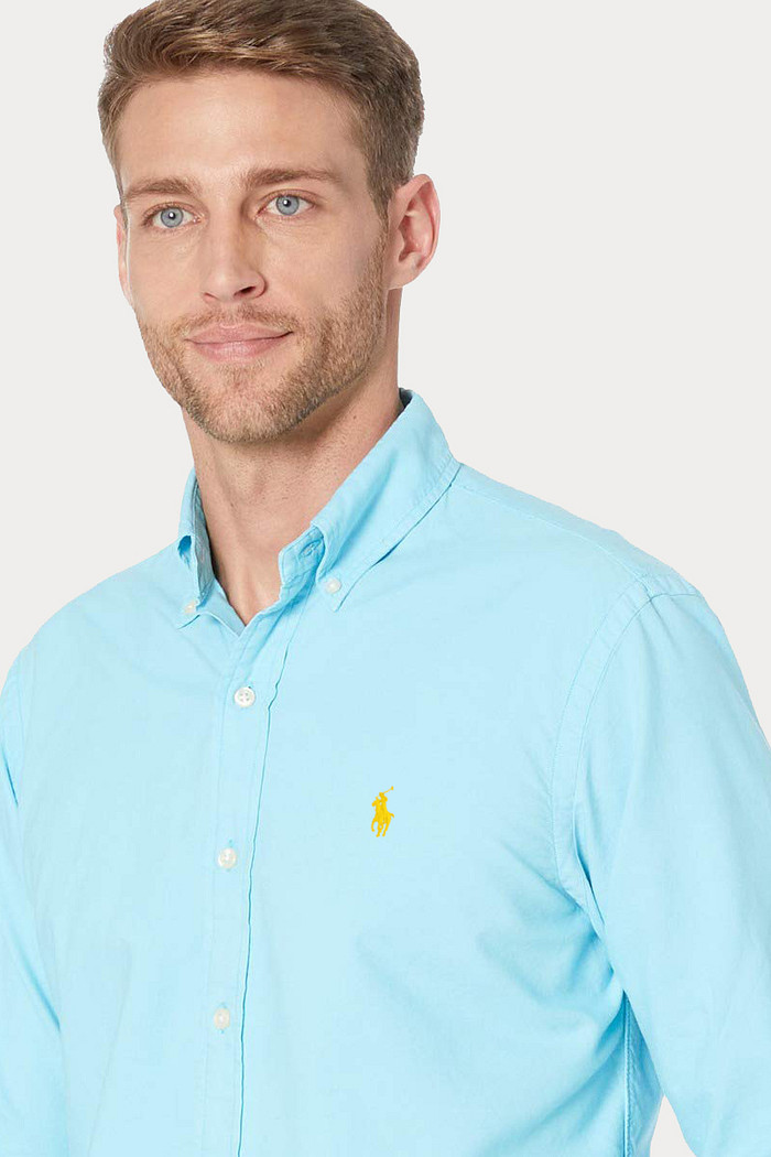 Camisa Ralph Lauren Custom Fit Sarja Yellow Icon Azul Claro