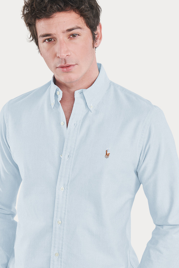 Camisa Ralph Lauren Custom FIt Colored Icon Tricoline Azul Claro