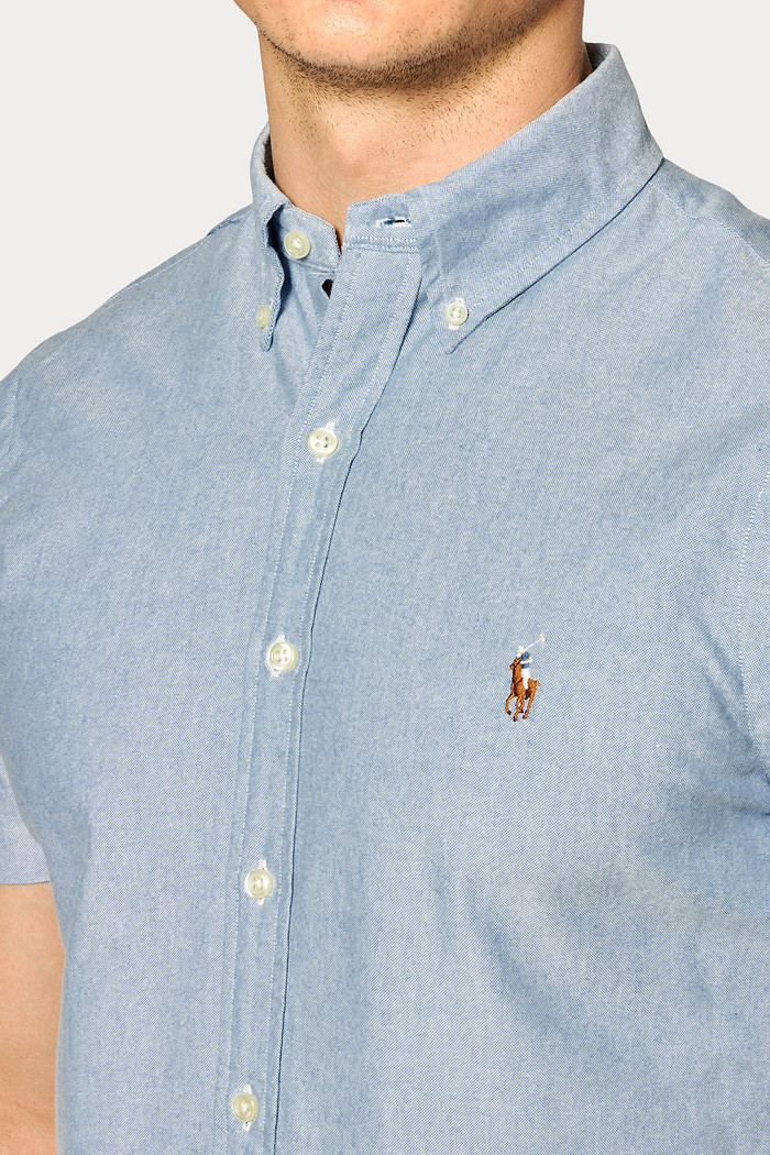 Camisa Ralph Lauren Manga Curta Icon Colored Cotton Oxford Azul Aço