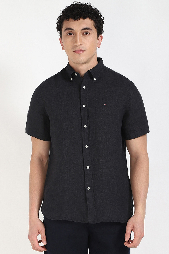 Camisa Tommy Hilfiger Manga Curta Masculina Regular Linho Blend Preto