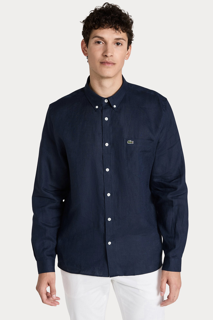 Camisa Lacoste Regular Fit Pocket Linho Azul Marinho