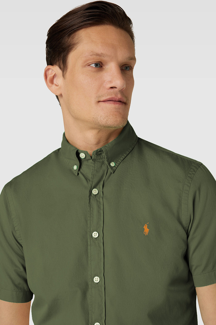 Camisa Ralph Lauren Manga Curta Orange Icon Cotton Oxford Verde Musgo