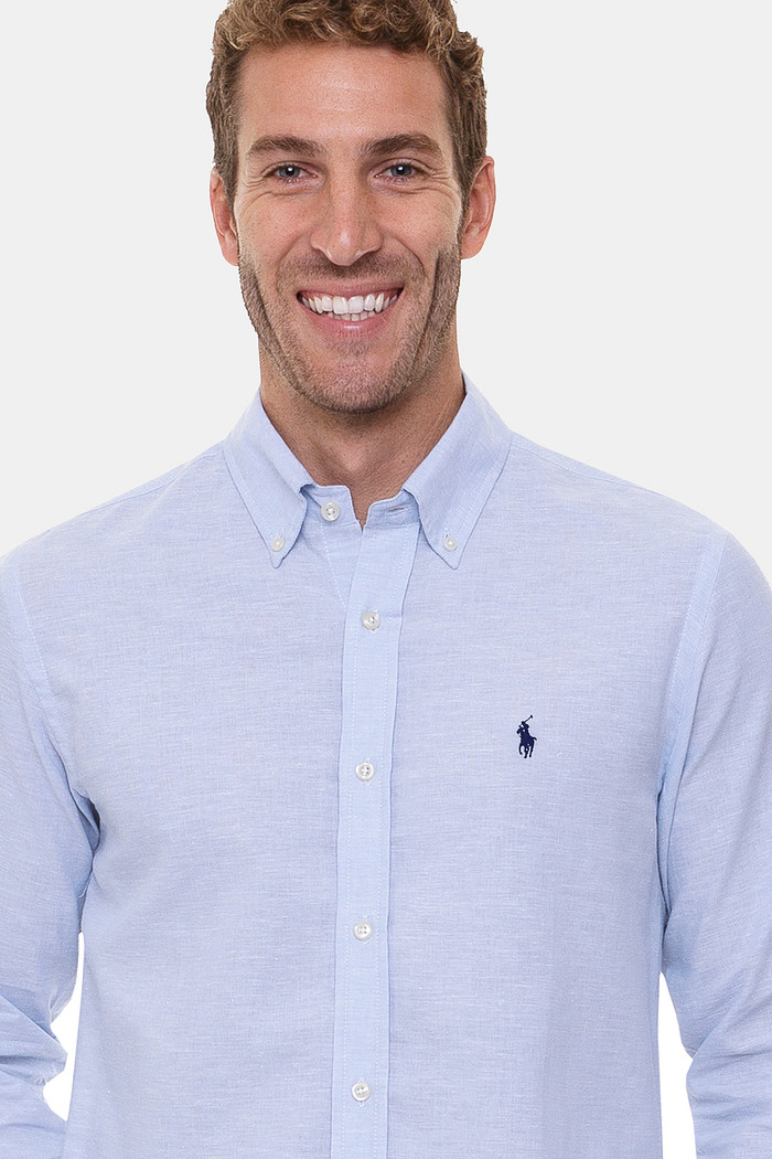 Camisa Ralph Lauren Custom Fit Navy Icon Linho Mescla Azul Claro