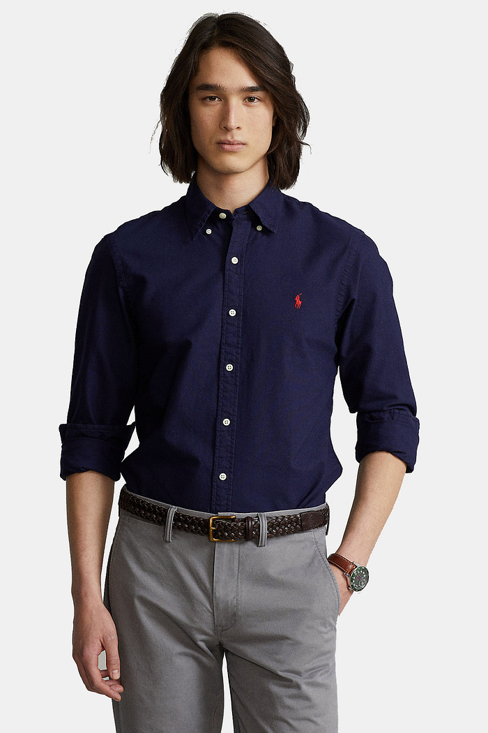 Camisa Ralph Lauren Custom Fit Red Icon Oxford Azul Marinho