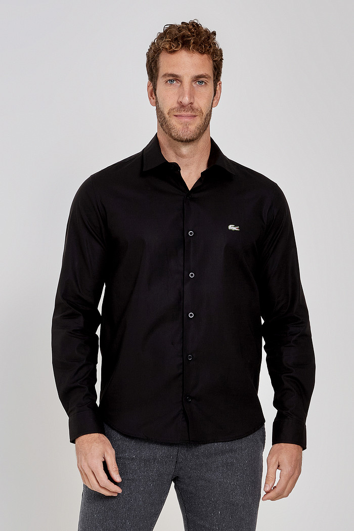 Camisa Lacoste Regular Fit Crocodilo White Tricoline Preta