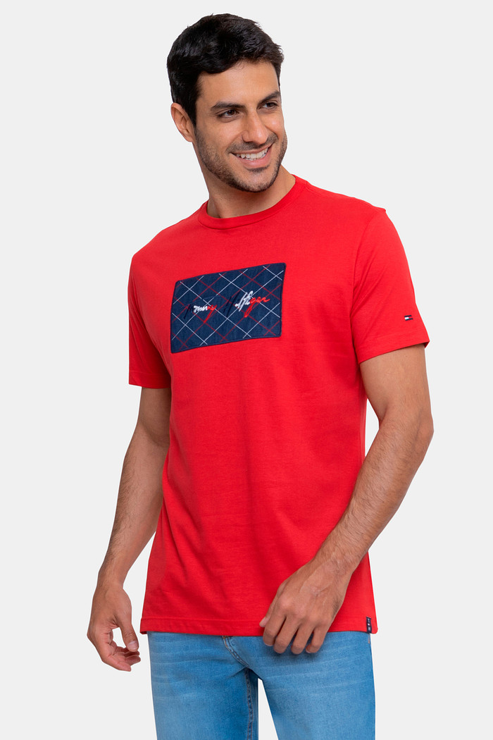 Camiseta Tommy Hilfiger Masculina Check Carpet Lettering Vermelha