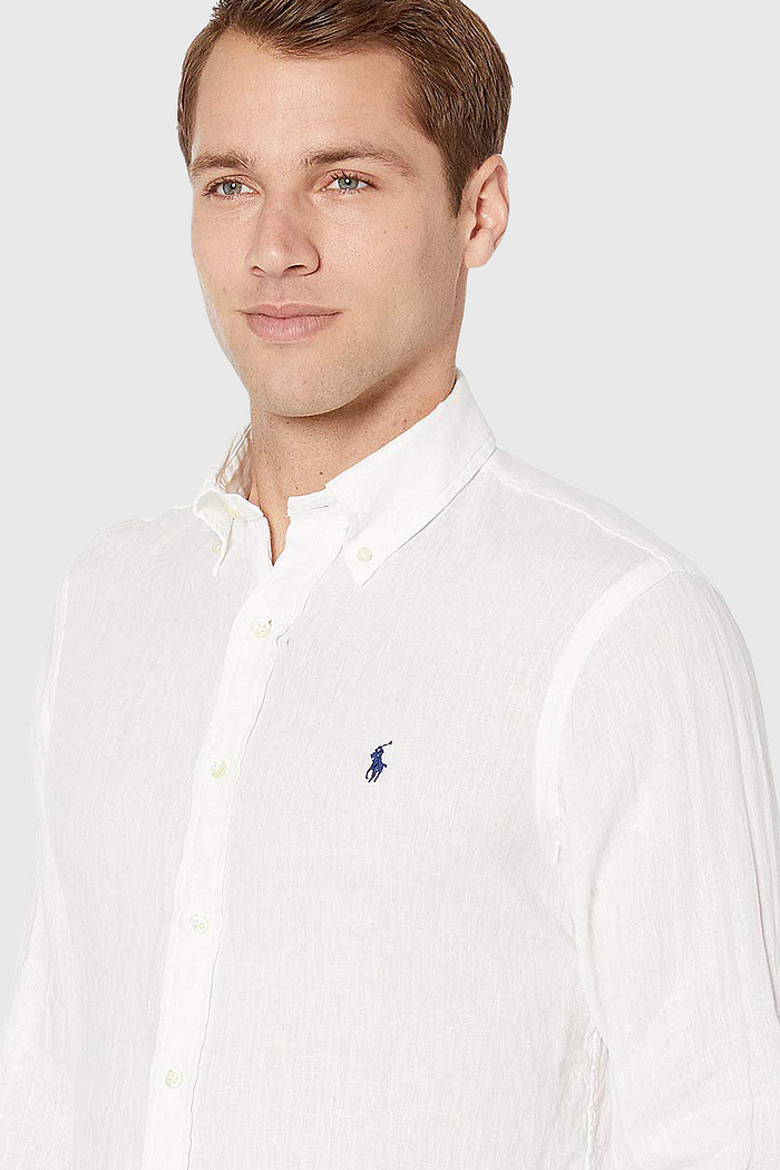 Camisa Ralph Lauren Masculina Custom Fit Navy Icon Linho Branca