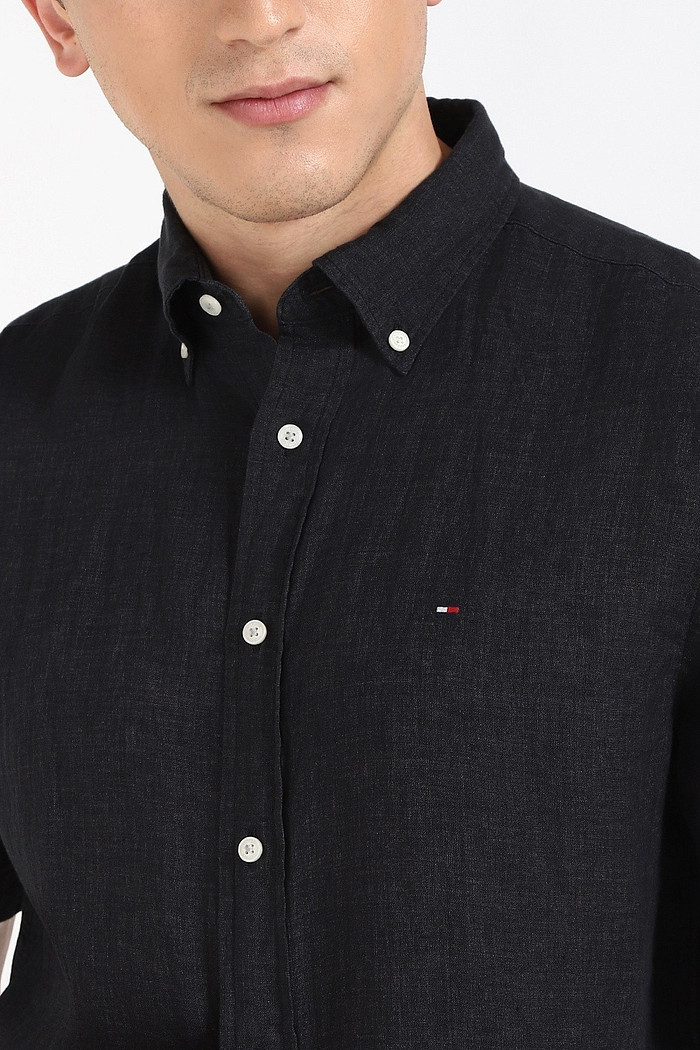 Camisa Tommy Hilfiger Manga Curta Masculina Regular Linho Blend Preto