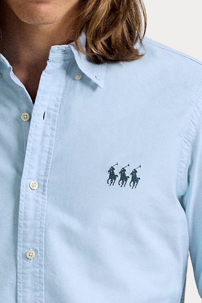 Camisa Ralph Lauren em Sarja Custom Fit Navy Blue Icons Azul Claro