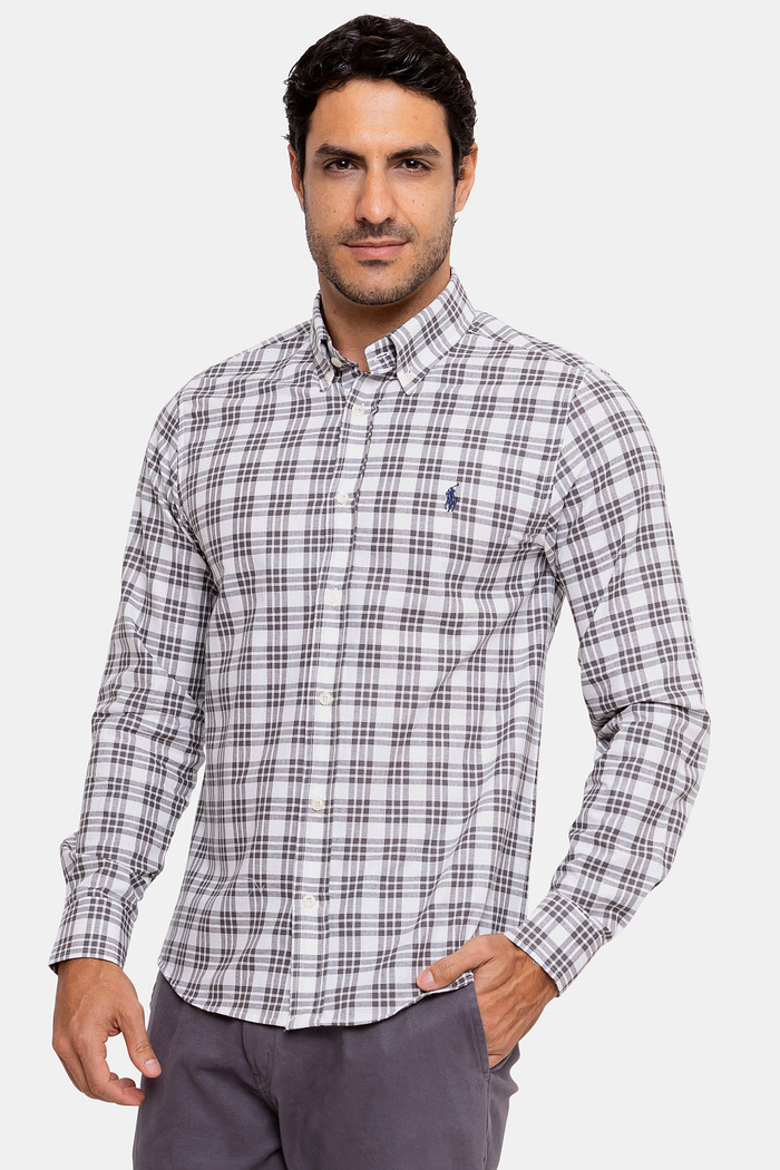 Camisa Ralph Lauren Custom Fit Tricoline Navy Icon Xadrez Branca