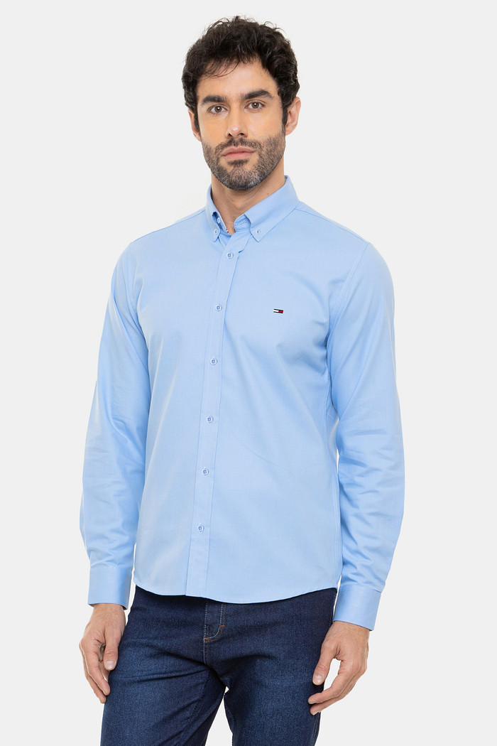 Camisa Tommy Jeans Masculina Regular Oxford Stretch Azul Claro
