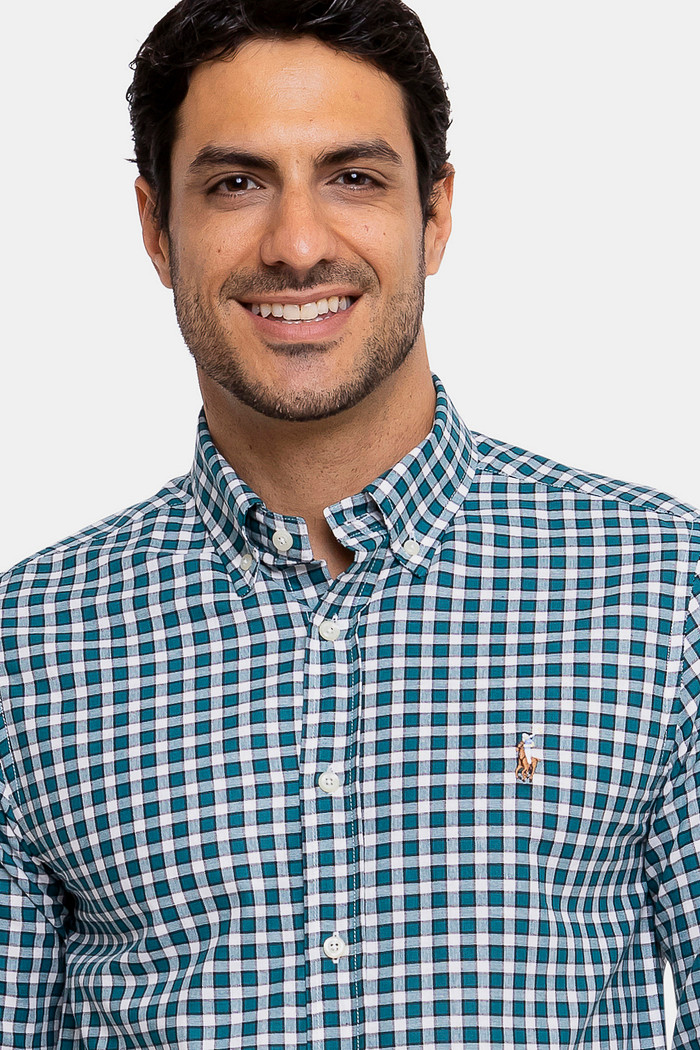 Camisa Ralph Lauren Custom Fit Icon Colored Tricoline Xadrez Branca e Verde