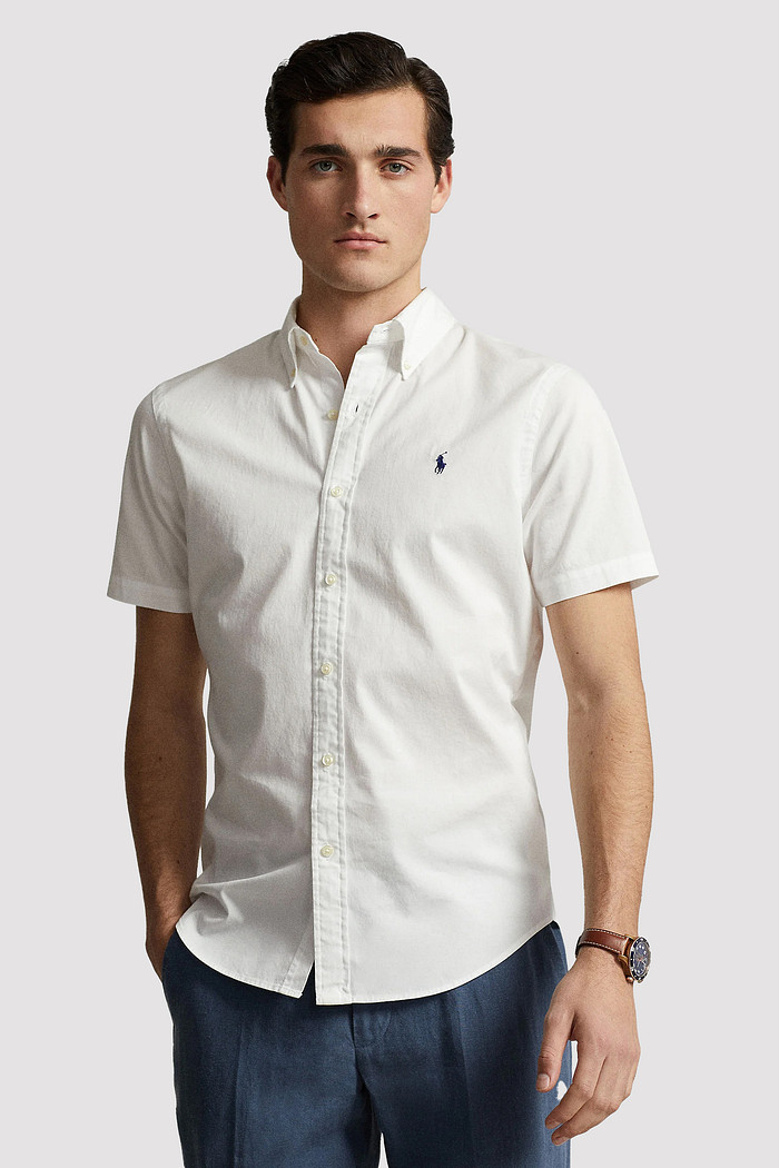 Camisa Ralph Lauren Manga Curta Navy Icon Cotton Oxford Branca