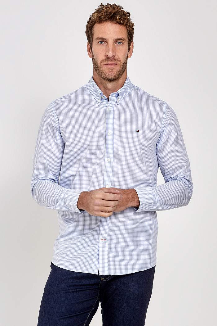 Camisa Tommy Hilfiger Regular Fit Tricoline Xadrez Grid Azul e Branca