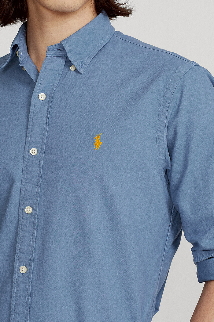 Camisa Ralph Lauren Custom Fit Gold Icon Oxford Azul Acinzentado