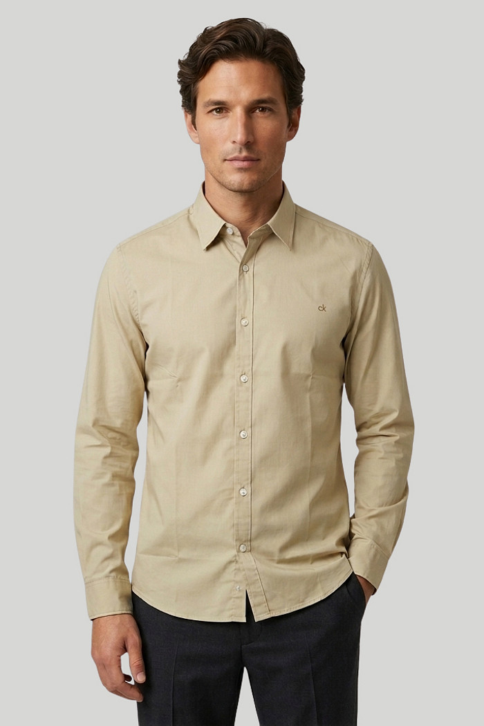 Camisa Calvin Klein Jeans Slim Fit Logo Básico CK Bege