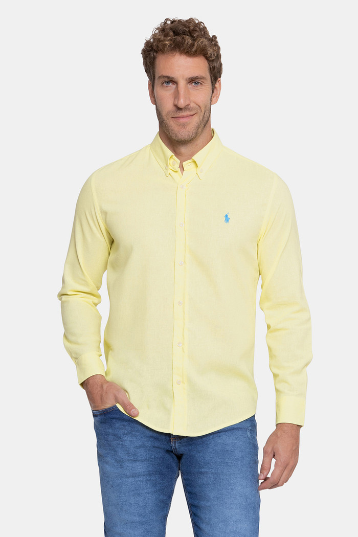 Camisa Ralph Lauren Custom Fit Linho Blue Icon Amarelo Claro