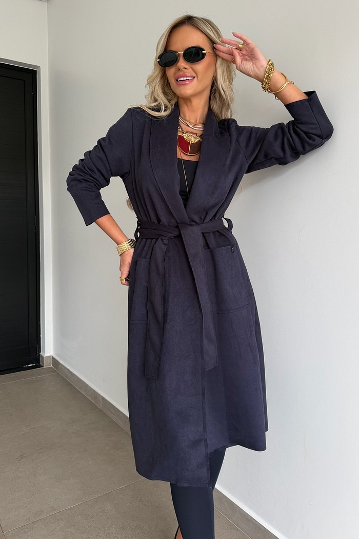 Casaco Longo Suede Azul Marinho