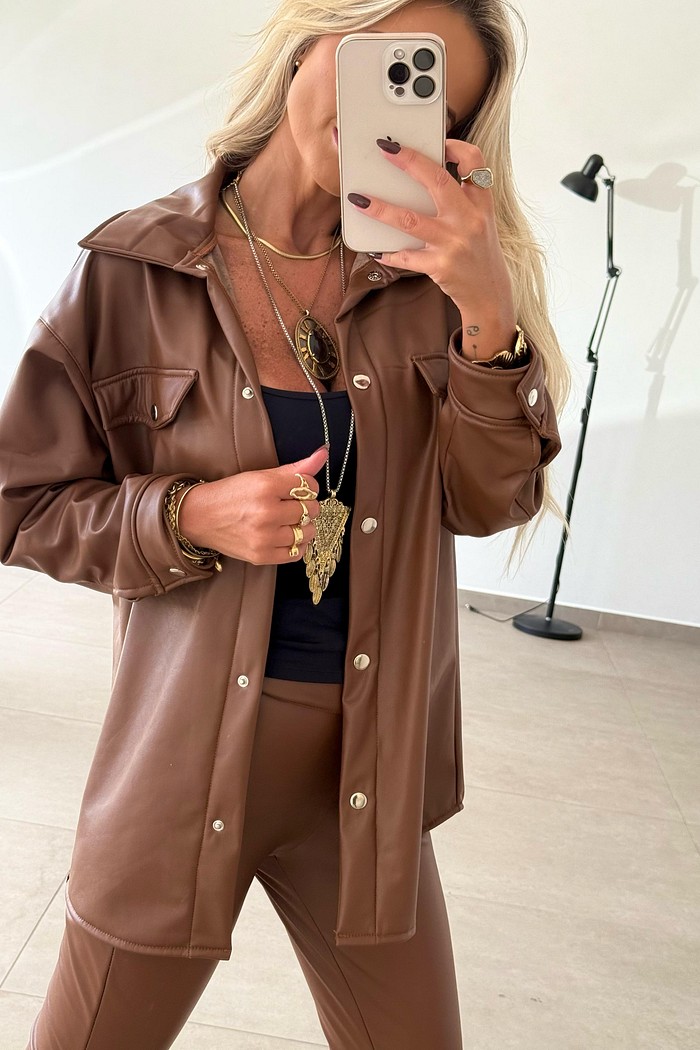 Camisa Maxi Couro Peluciada Marrom