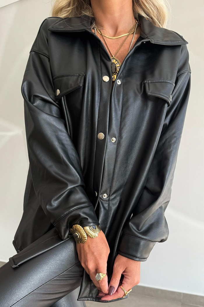 Camisa Maxi Couro Peluciada Preta
