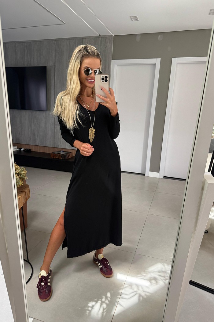 Vestido Midi V Manga Longa Preto
