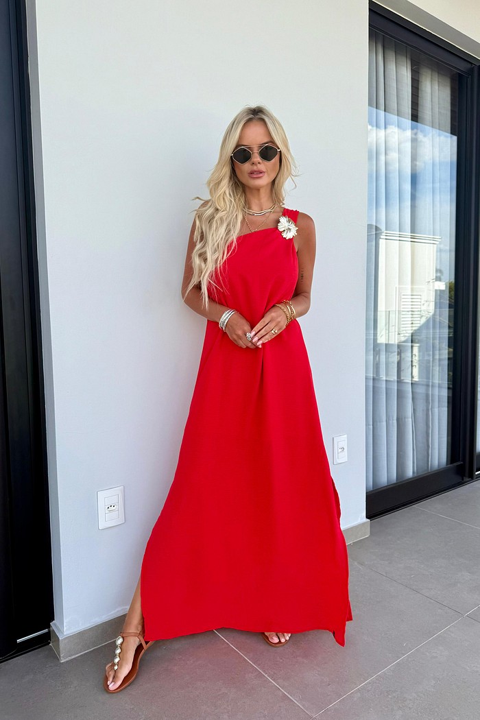 Vestido Longo Flor Vermelho