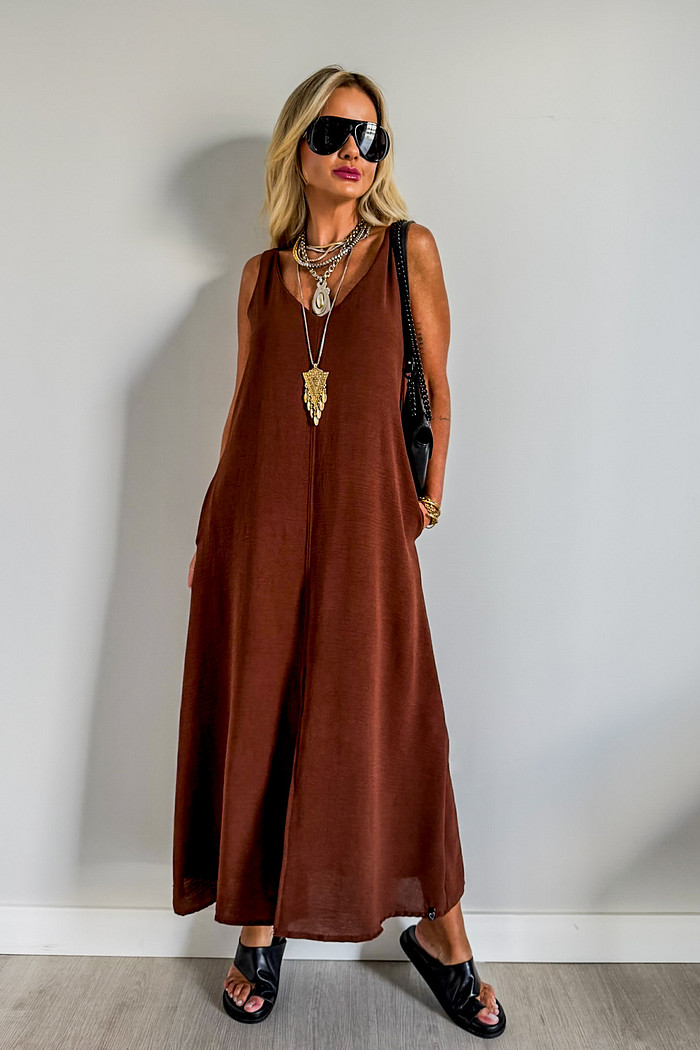 Vestido Midi Mahina Marrom Café