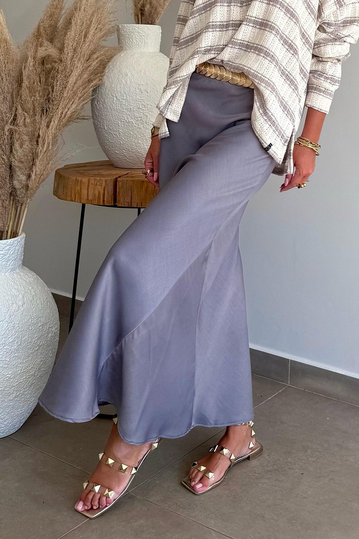 Saia Midi Cetim Cloe Cinza