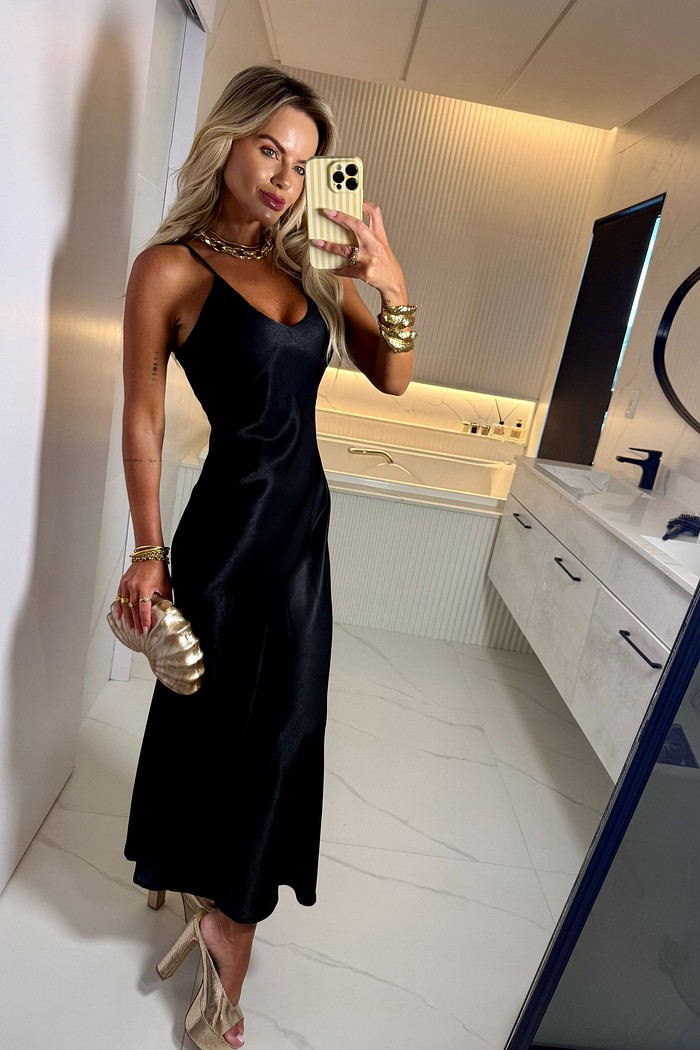 Vestido Midi Cetim Preto