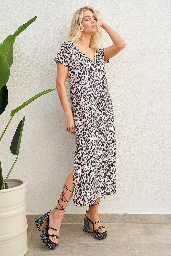 Vestido Midi Animal Print Nude