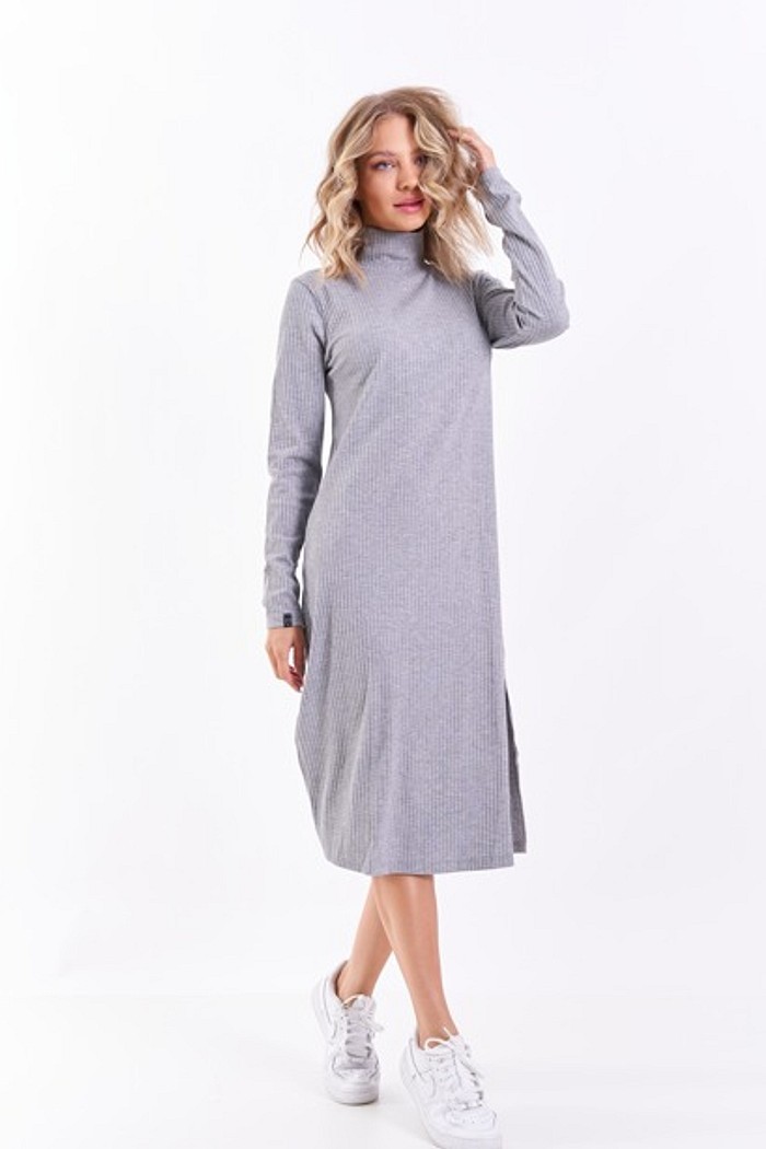 Vestido Canelado Midi Manga Longa Cinza