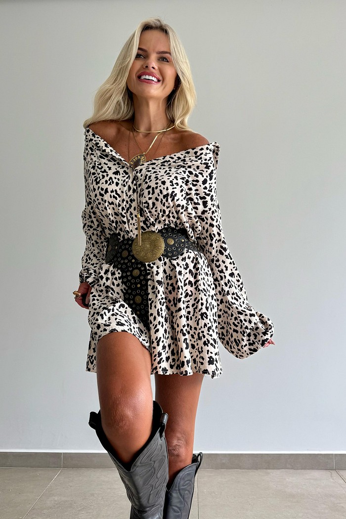 Vestido Animal Print Botões Cleo Nude