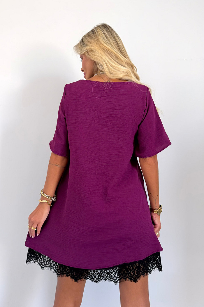 Vestido Curto Manga Curta Com Renda New Bordô