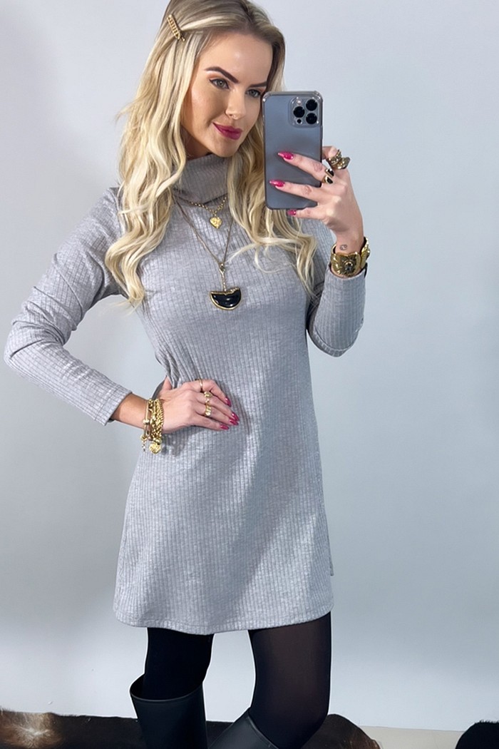 Vestido Lucy Canelado Gola Cinza